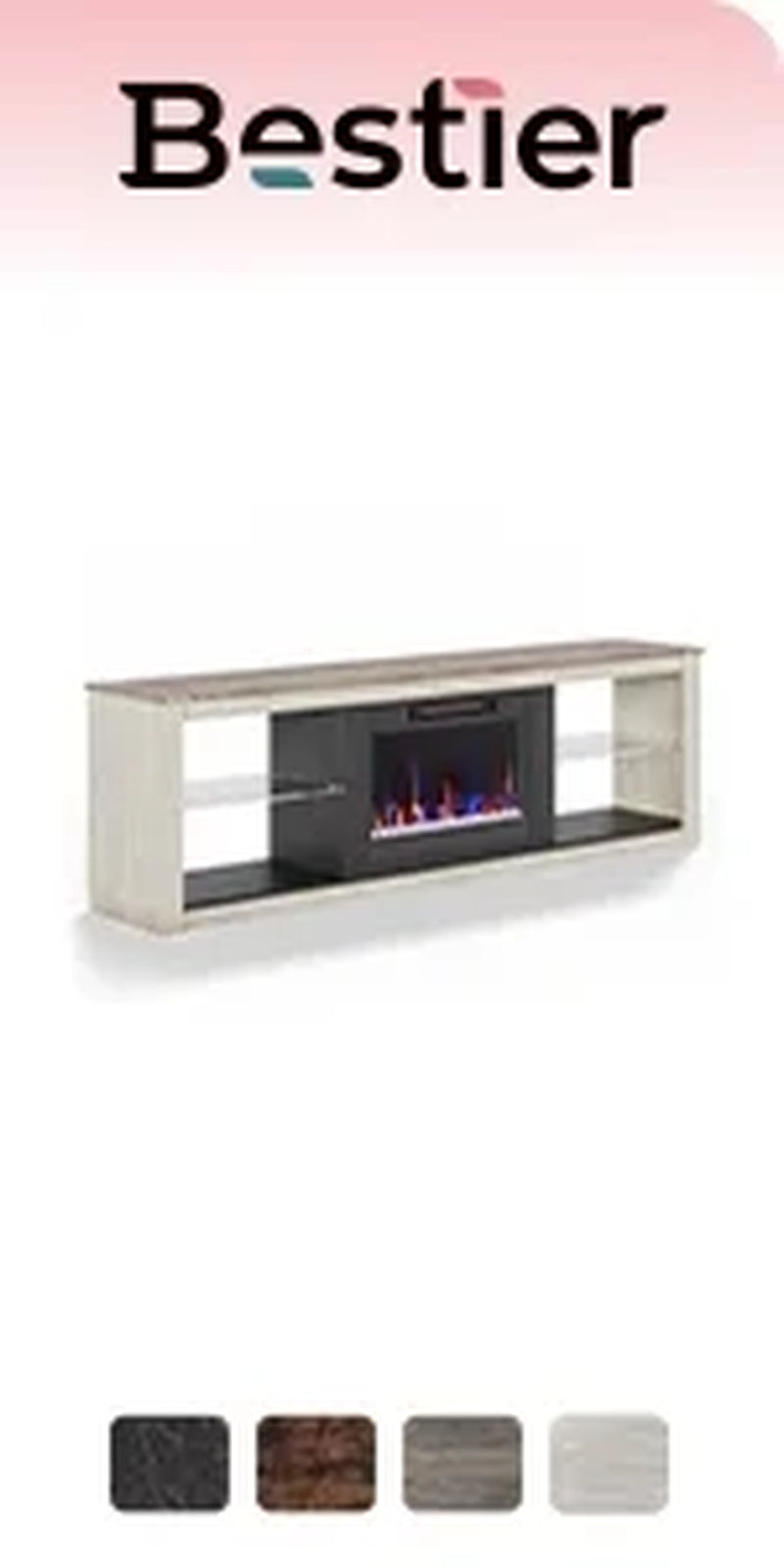 Modern Electric Fireplace TV Stand Entertainment Center for Tvs up to 75" with LED Light and Storage Shelves in Wash White