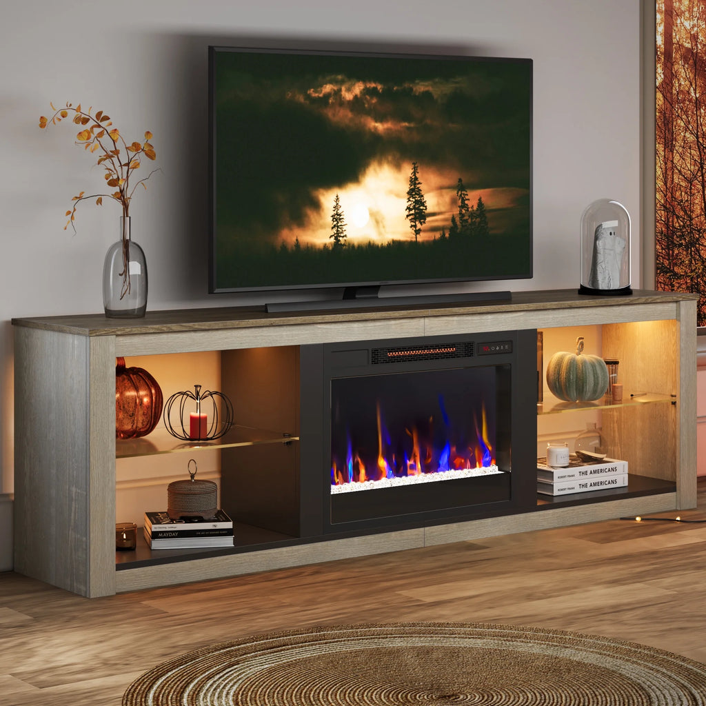 Modern Electric Fireplace TV Stand Entertainment Center for Tvs up to 75" with LED Light and Storage Shelves in Wash White