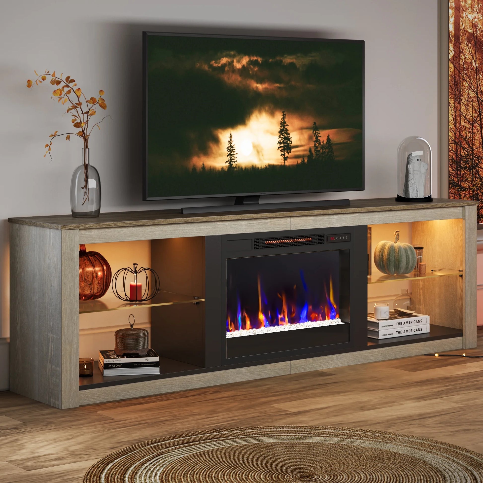 Modern Electric Fireplace TV Stand Entertainment Center for Tvs up to 75" with LED Light and Storage Shelves in Wash White