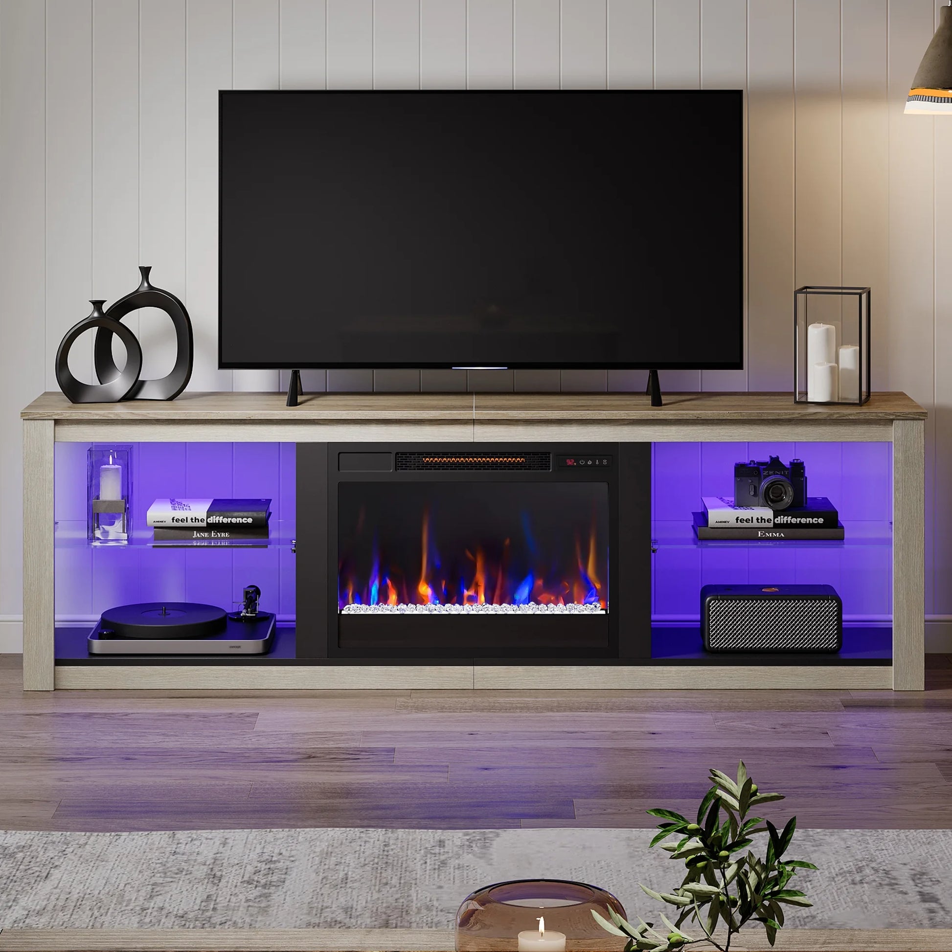 Modern Electric Fireplace TV Stand Entertainment Center for Tvs up to 75" with LED Light and Storage Shelves in Wash White
