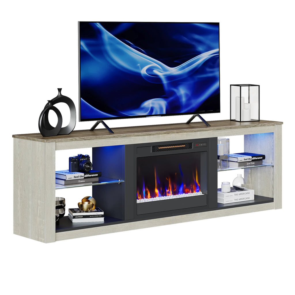 Modern Electric Fireplace TV Stand Entertainment Center for Tvs up to 75" with LED Light and Storage Shelves in Wash White