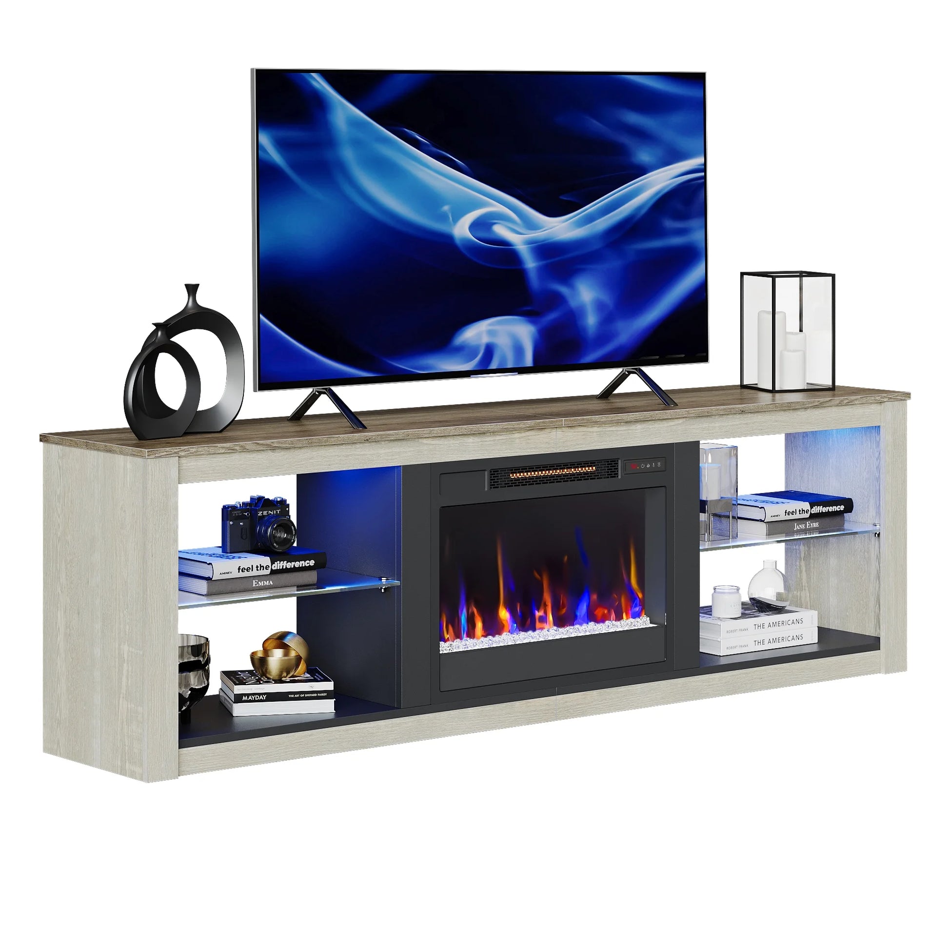 Modern Electric Fireplace TV Stand Entertainment Center for Tvs up to 75" with LED Light and Storage Shelves in Wash White