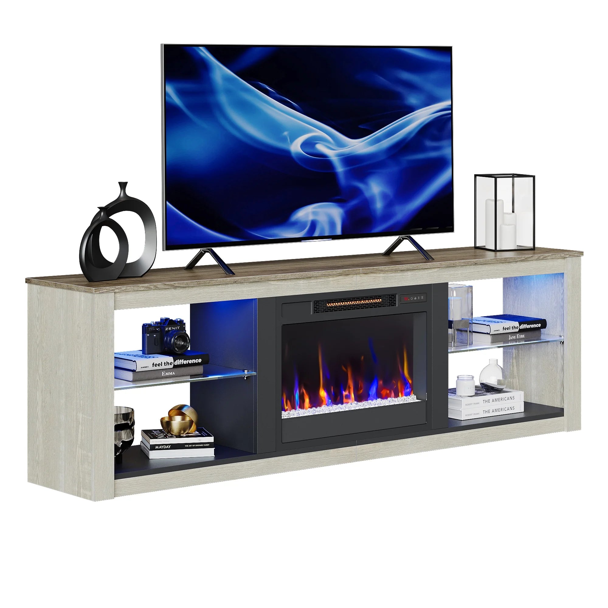 Modern Electric Fireplace TV Stand Entertainment Center for Tvs up to 75" with LED Light and Storage Shelves in Wash White