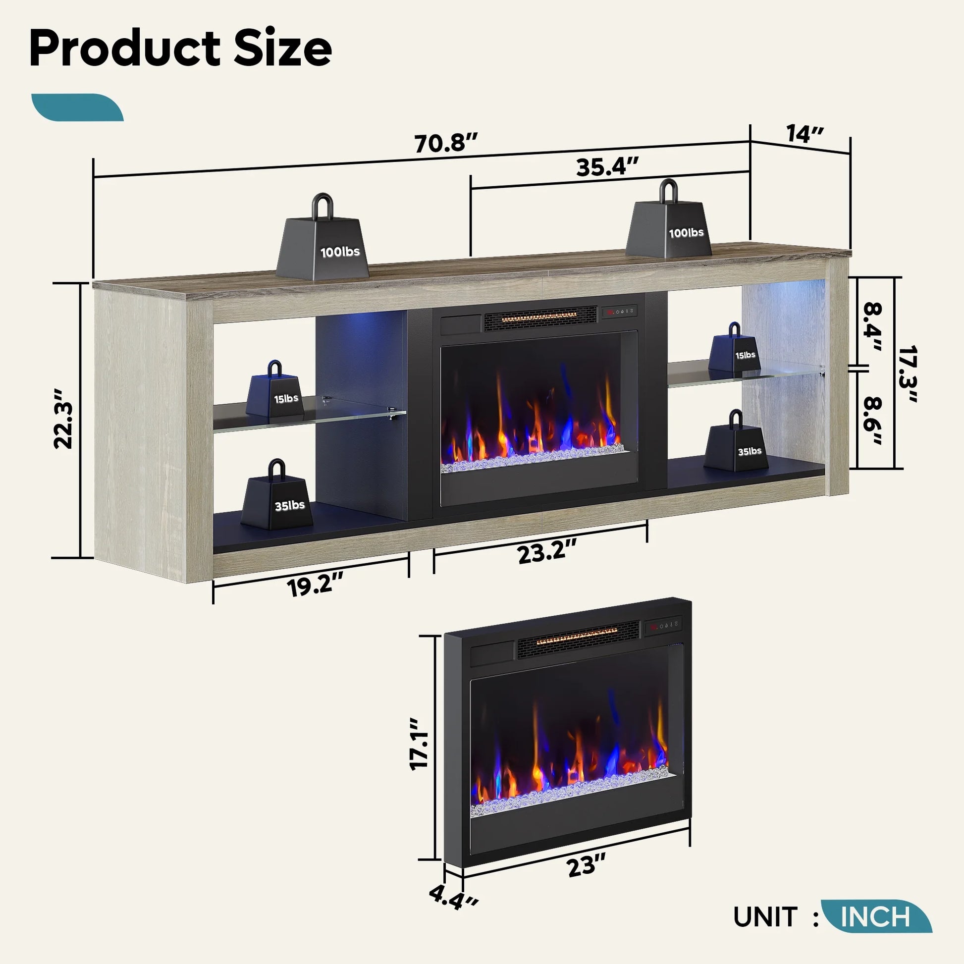 Modern Electric Fireplace TV Stand Entertainment Center for Tvs up to 75" with LED Light and Storage Shelves in Wash White
