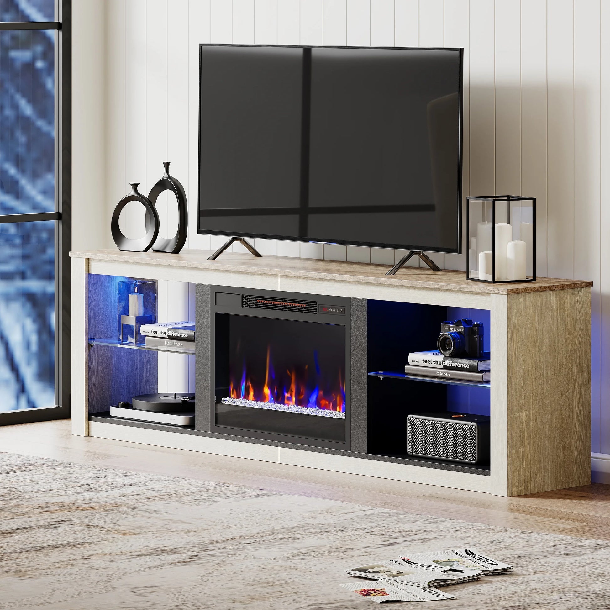 Modern Electric Fireplace TV Stand Entertainment Center for Tvs up to 75" with LED Light and Storage Shelves in Wash White