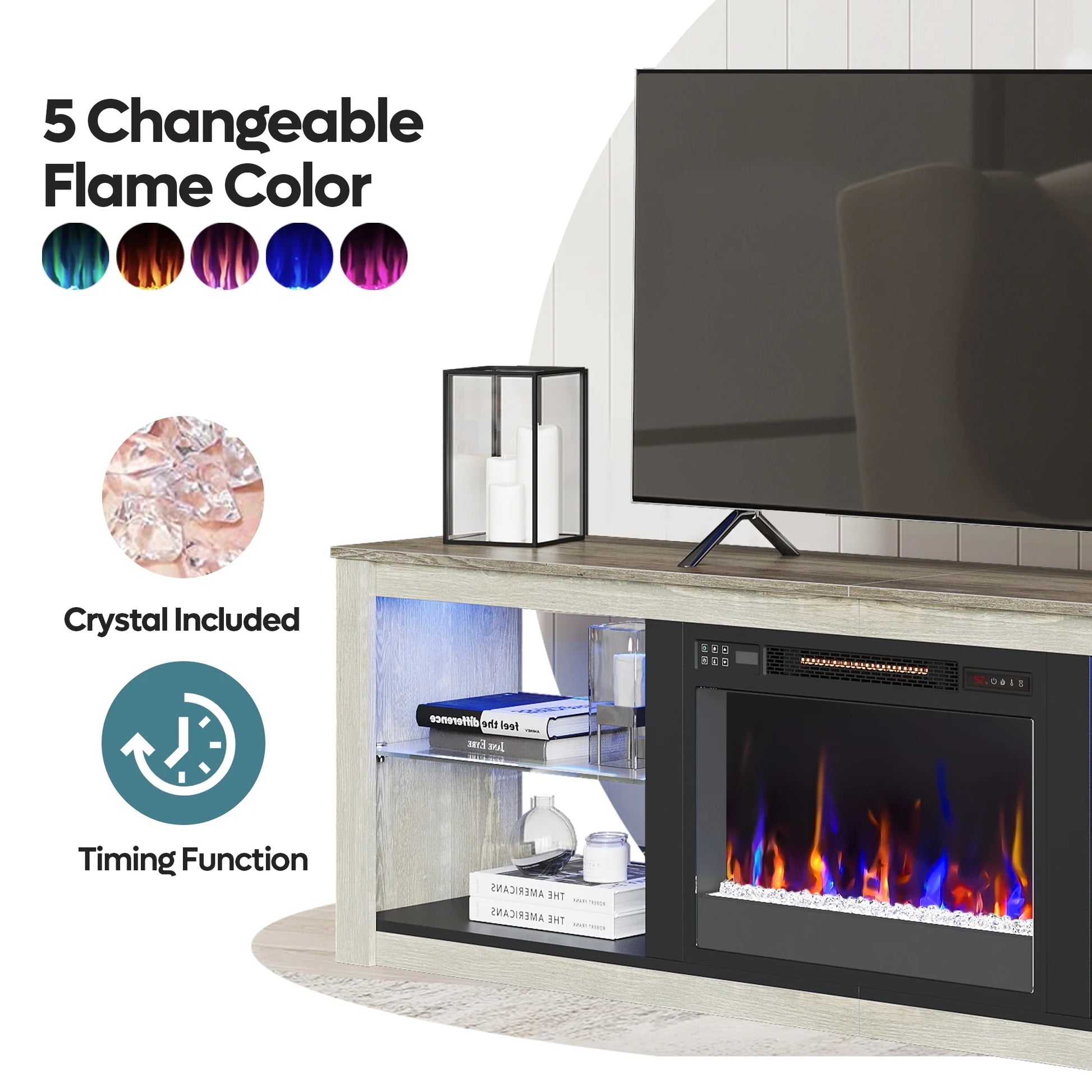 Modern Electric Fireplace TV Stand Entertainment Center for Tvs up to 75" with LED Light and Storage Shelves in Wash White