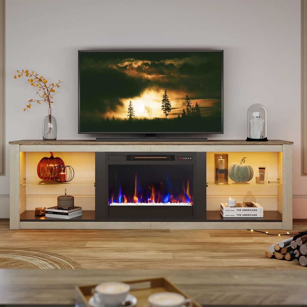 Modern Electric Fireplace TV Stand Entertainment Center for Tvs up to 75" with LED Light and Storage Shelves in Wash White