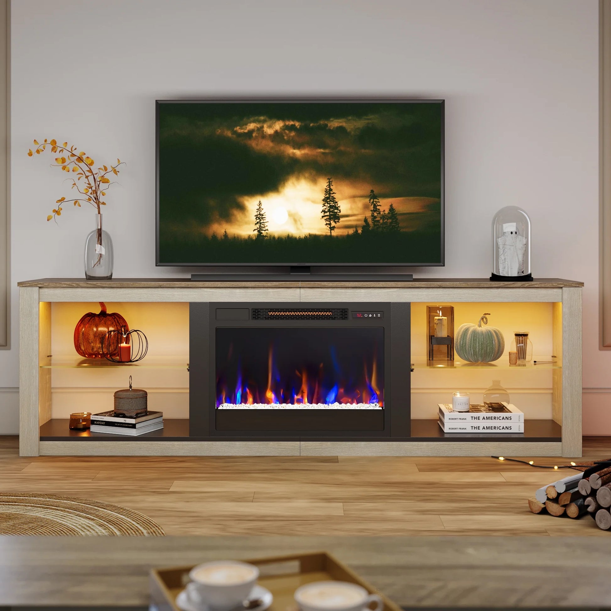 Modern Electric Fireplace TV Stand Entertainment Center for Tvs up to 75" with LED Light and Storage Shelves in Wash White