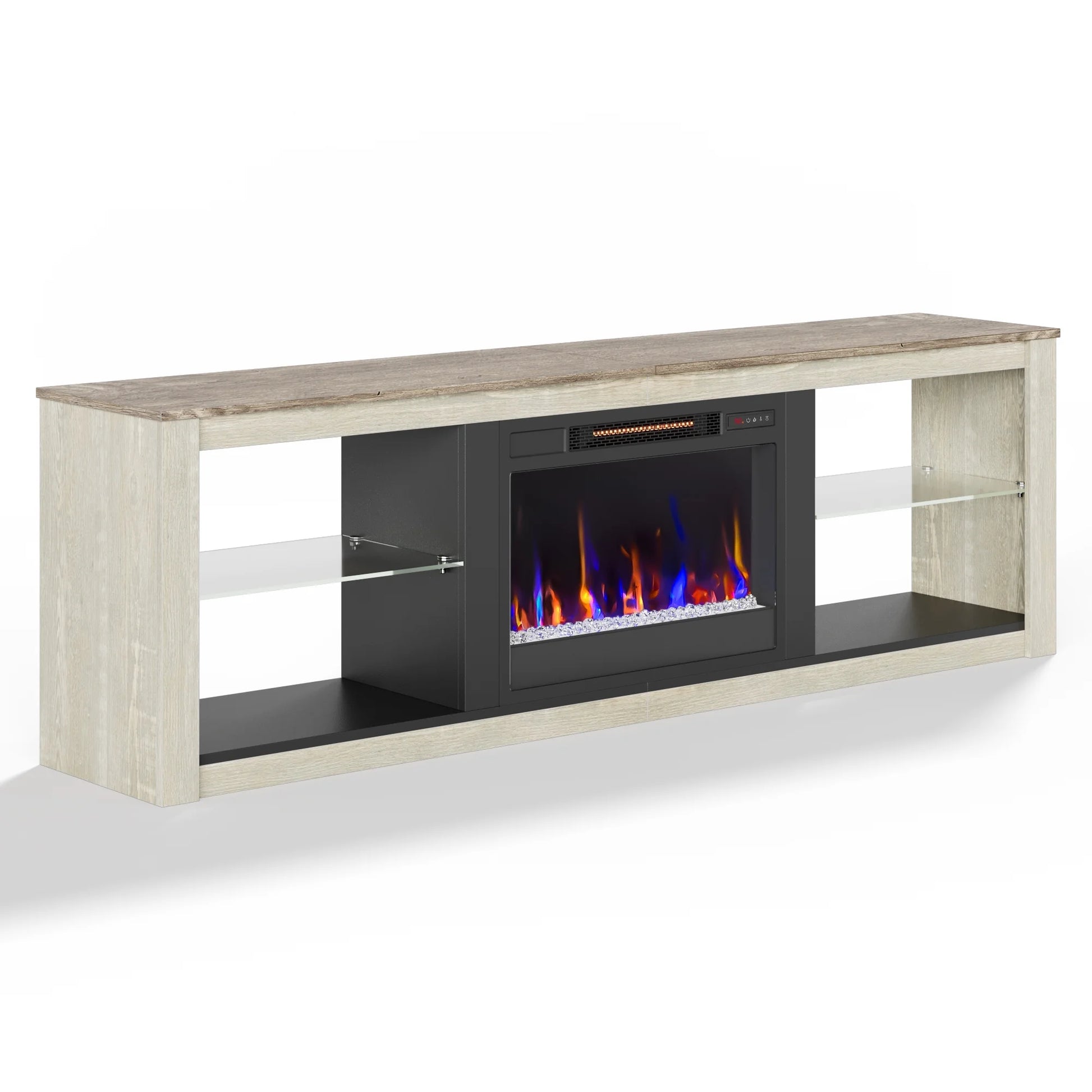 Modern Electric Fireplace TV Stand Entertainment Center for Tvs up to 75" with LED Light and Storage Shelves in Wash White
