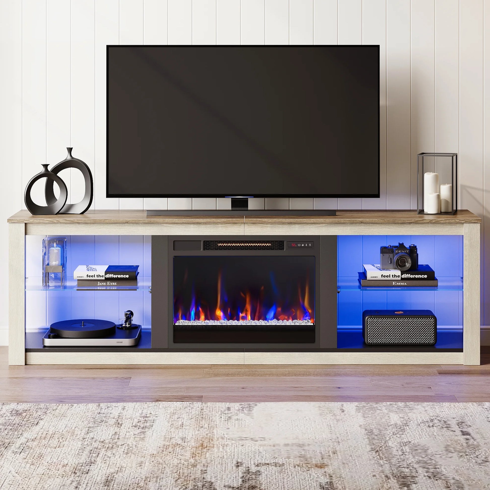 Modern Electric Fireplace TV Stand Entertainment Center for Tvs up to 75" with LED Light and Storage Shelves in Wash White
