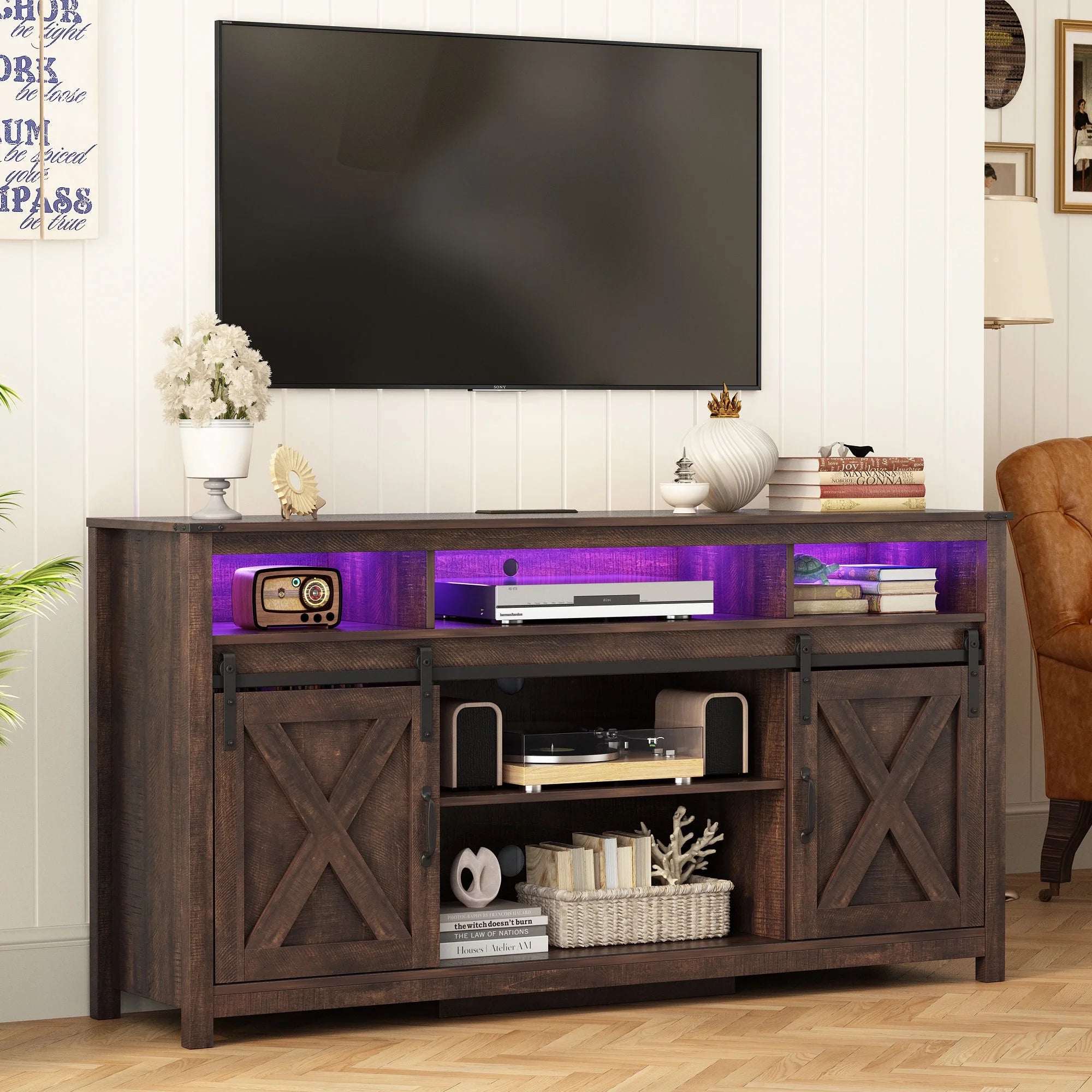 60" Farmhouse Coffee Bar Cabinet with LED Light & Power Outlets, Barn Door Sideboard Buffet Cabinet with 4 Tier Storage