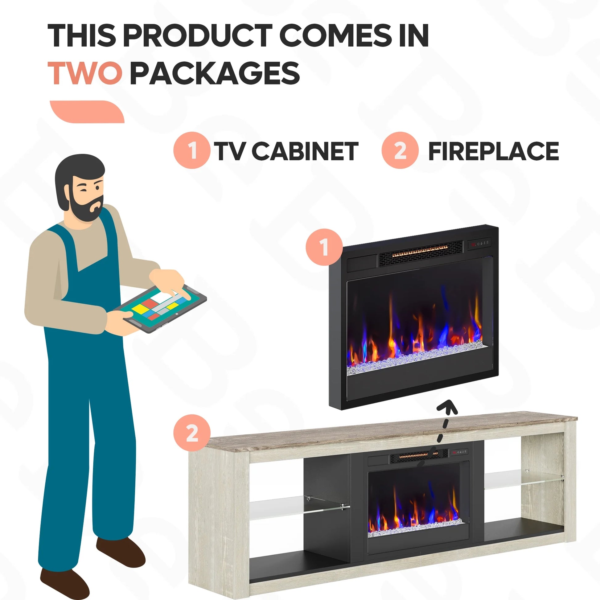 Modern Electric Fireplace TV Stand Entertainment Center for Tvs up to 75" with LED Light and Storage Shelves in Wash White