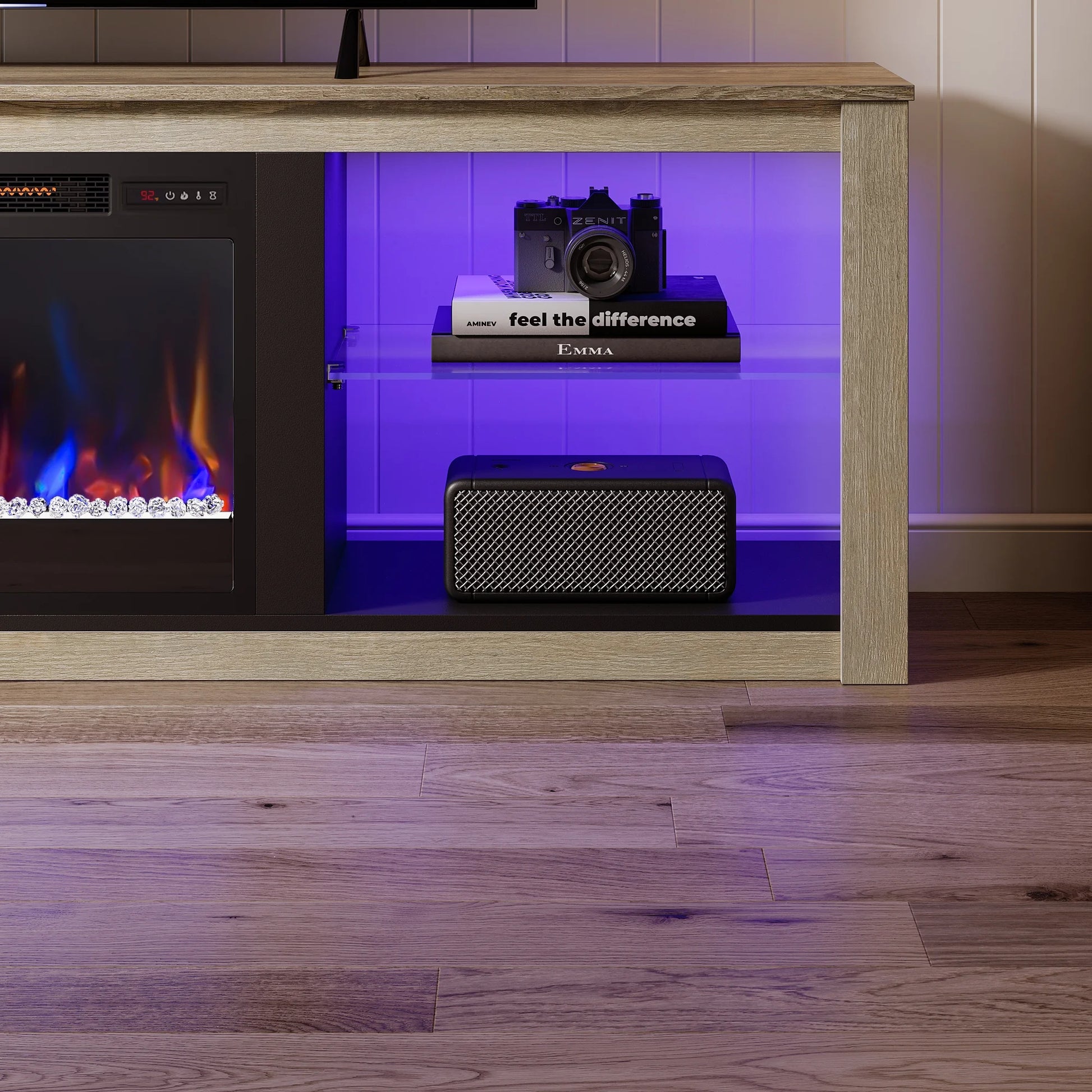 Modern Electric Fireplace TV Stand Entertainment Center for Tvs up to 75" with LED Light and Storage Shelves in Wash White